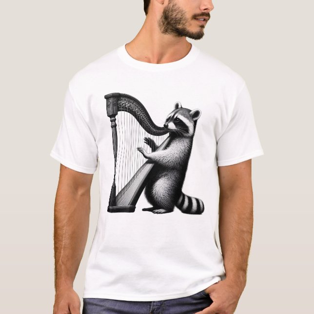 Racoon Playing Harp Harpist Harp Player T-Shirt (Front)