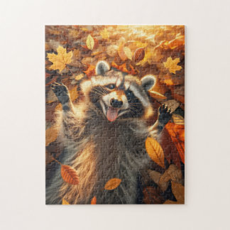 Racoon Playing in the Autumn Leaves Jigsaw Puzzle