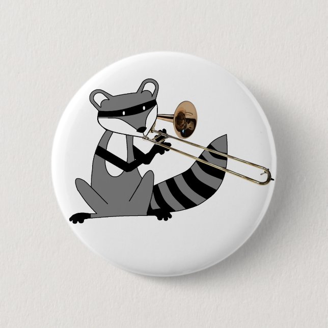 Racoon Playing the Trombone 6 Cm Round Badge (Front)