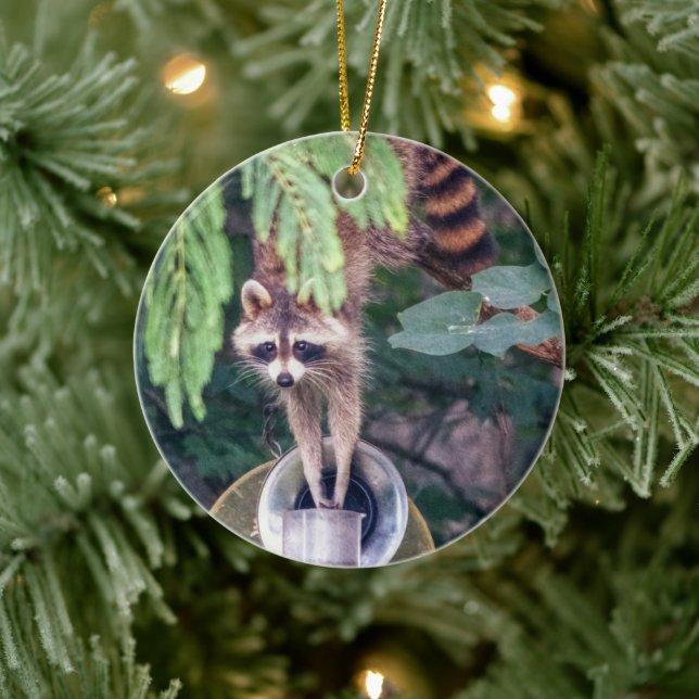 Racoon Raiding the Bird Feeder Ceramic Ornament (Tree)