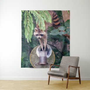 Racoon Raiding the Bird Feeder Tapestry