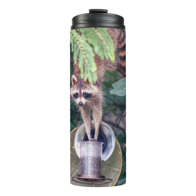 Racoon Raiding the Bird Feeder Thermal Tumbler (Front)