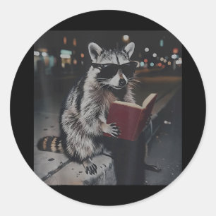 Racoon reading book funny animal meme bookworm classic round sticker