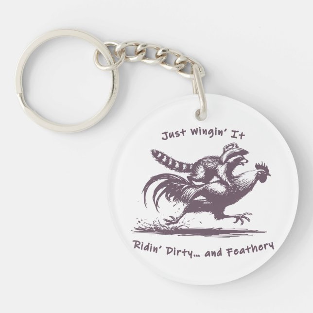 Racoon Riding Rooster – Barnyard Rodeo Cowboy Key Ring (Front)