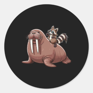 Racoon Riding Walrus Costume Sea Animal Lover Kid Classic Round Sticker