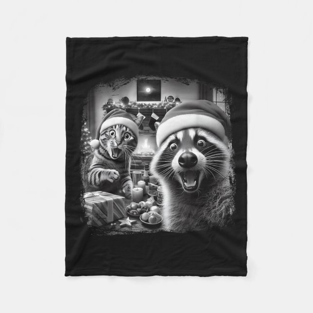 Racoon Santa Funny Cat Taking Selfie Christmas Xma Fleece Blanket (Front)