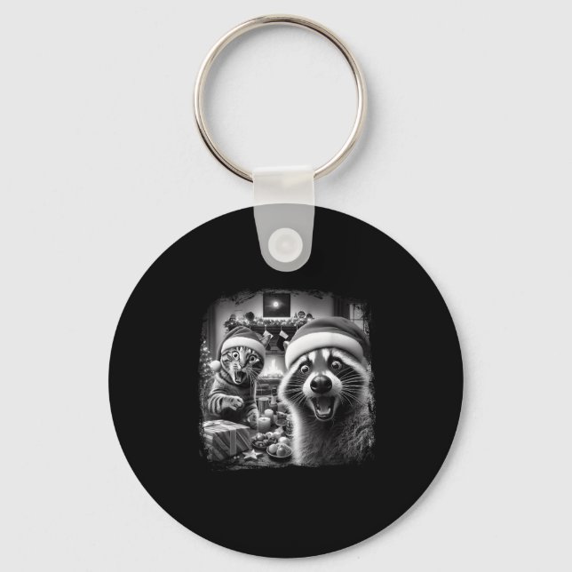 Racoon Santa Funny Cat Taking Selfie Christmas Xma Key Ring (Front)