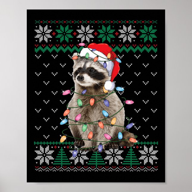 Racoon Santa Hat Christmas Ugly Sweater Animals L Poster (Front)