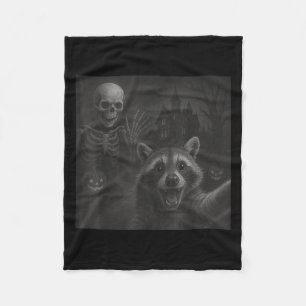 Racoon Selfie With Skeleton Funny Racoon Hallowe Fleece Blanket
