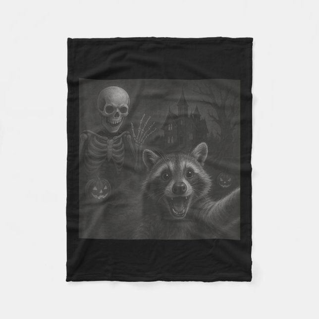 Racoon Selfie With Skeleton Funny Racoon Hallowe Fleece Blanket (Front)
