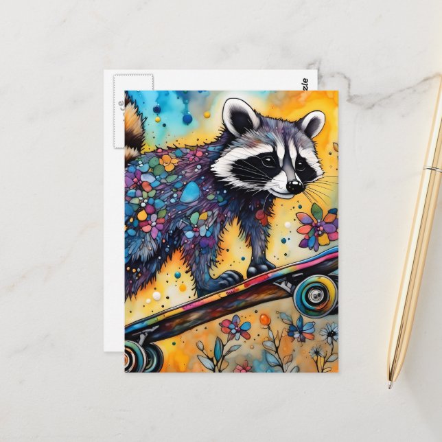 Racoon Skateboarding Postcard (Front/Back In Situ)