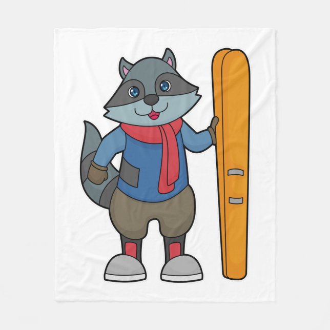Racoon Skier Ski Fleece Blanket (Front)