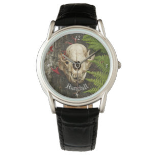 Racoon skull old log ferns & red bee balm petals watch
