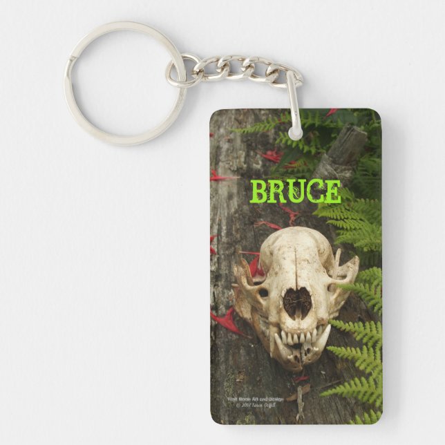 Racoon skull old log with ferns and red Monarda Key Ring (Front)