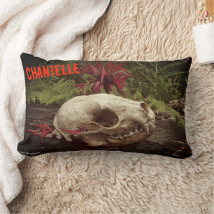 Racoon skull old log with ferns and red Monarda Lumbar Cushion