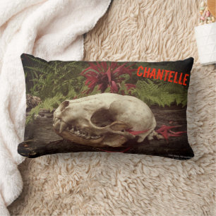 Racoon skull old log with ferns and red Monarda Lumbar Cushion