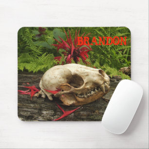 Racoon skull old log with ferns and red Monarda Mouse Pad