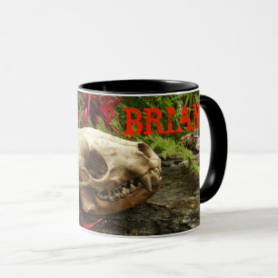 Racoon skull old log with ferns and red Monarda Mug
