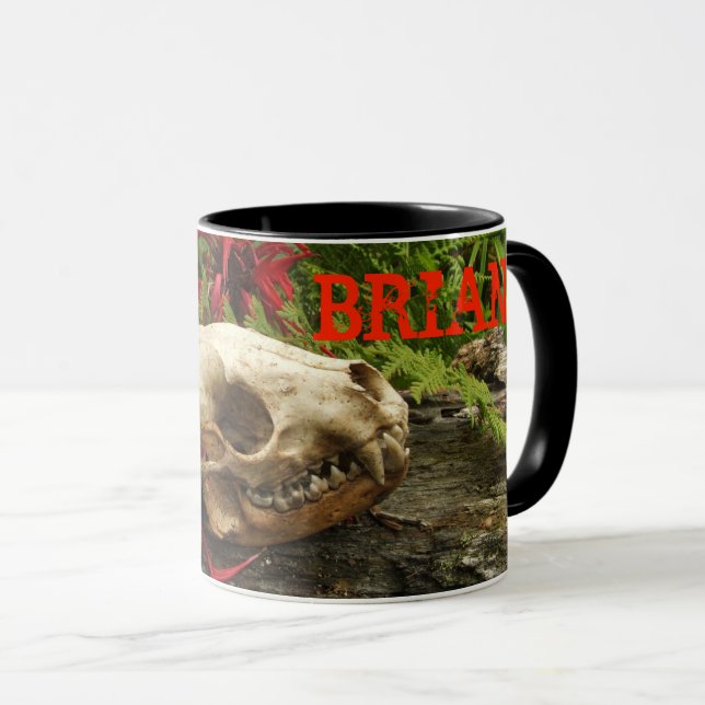 Racoon skull old log with ferns and red Monarda Mug (Front Right)
