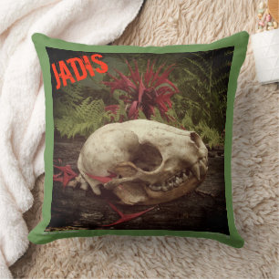 Racoon Skull On Old Log Ferns And Red Bee Balm Cushion