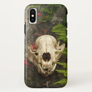 Racoon Skull On Old Log With Ferns And Red Petals iPhone X Case