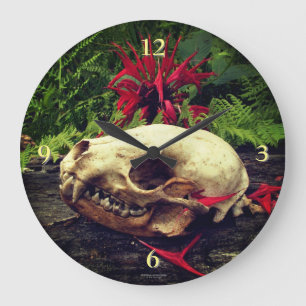 Racoon Skull on Old Log with Ferns & Red Monarda Large Clock