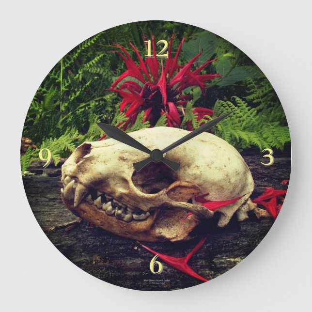 Racoon Skull on Old Log with Ferns & Red Monarda Large Clock (Front)