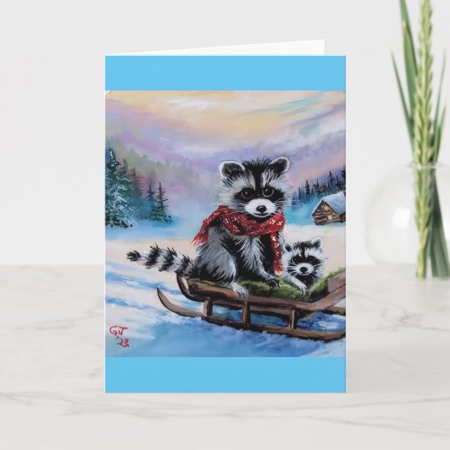 Racoon sledding Winter Scene Blank Greeting Card (Front)