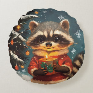 Racoon snow Christmas songs Round Cushion