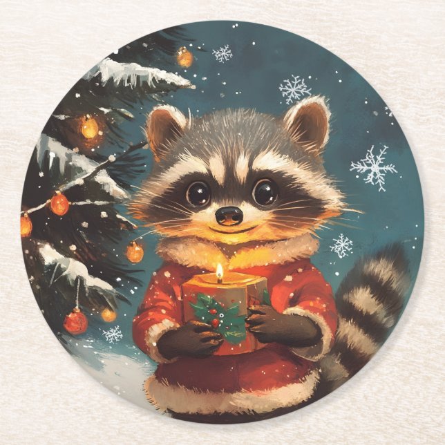 Racoon snow Christmas songs Round Paper Coaster (Front)