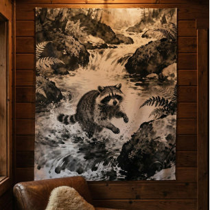 Racoon Stream Tapestry Forest Wildlife Art