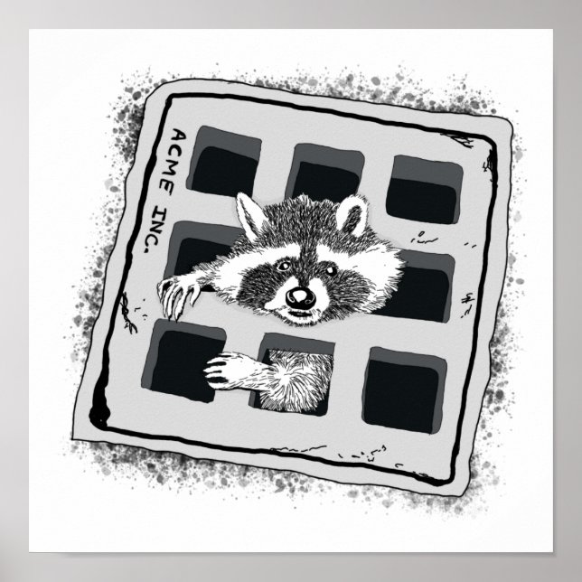 Racoon Stuck in Grate Illustration Poster (Front)