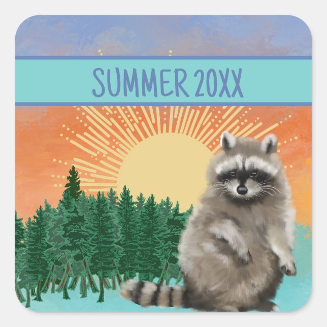 Racoon Summer Square Sticker (Front)