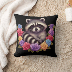 Racoon Surrounded by Vibrant Colourful Roses  Cushion