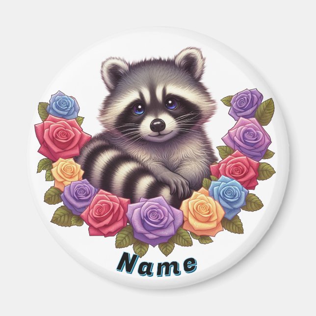Racoon Surrounded by Vibrant Colourful Roses  Magnet (Front)
