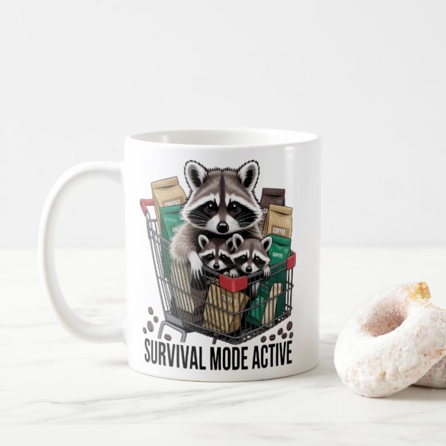 Racoon Survival Mode Active Mug - Funny Coffee Ad (With Donut)