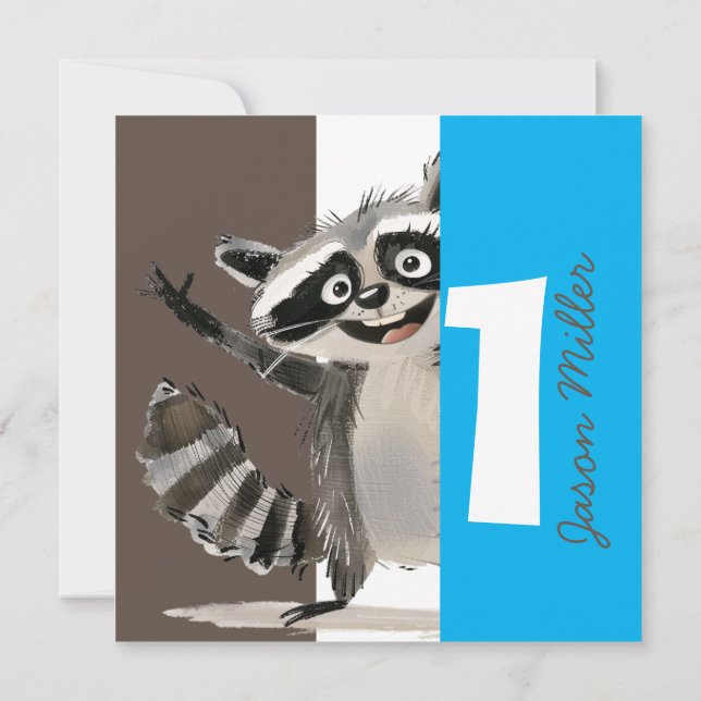Racoon themed birthday party for baby turning 1 invitation (Back)