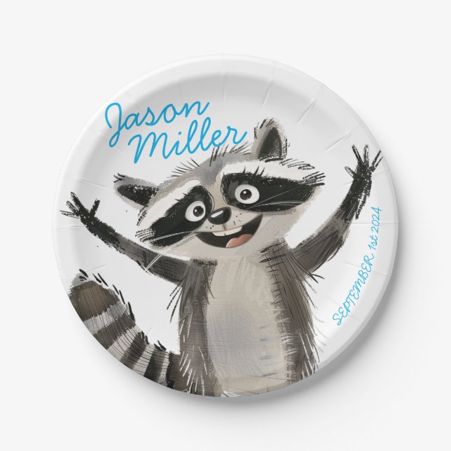 Racoon themed birthday party for babY turning 1 Paper Plate (Front)