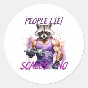 Racoon trainer, athlete, dumbbells classic round sticker