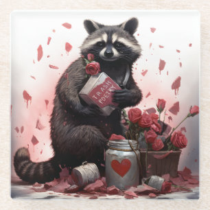 Racoon trash poetry Valentines day Glass Coaster
