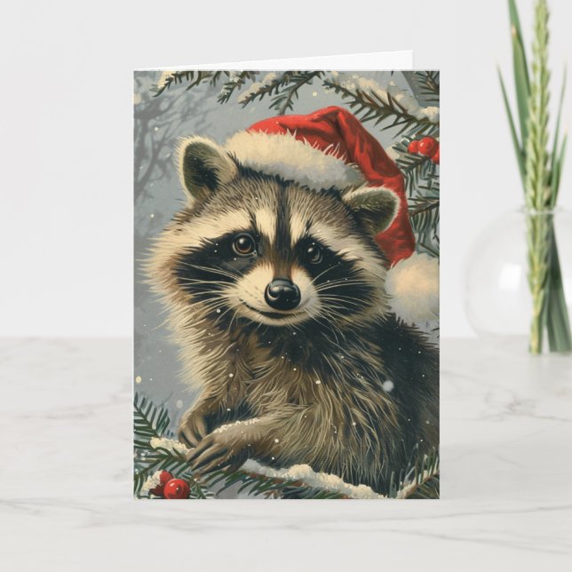 Racoon vintage personalised Christmas Holiday Card (Front)