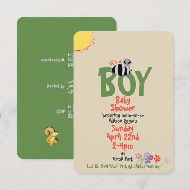 Racoon w/Squirrel Boy Baby Shower Invitations (Front/Back)