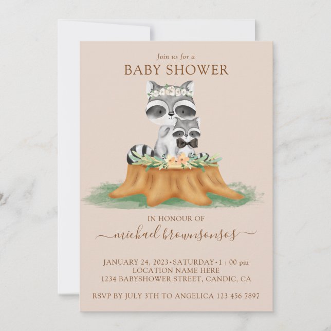 Racoon Watercolor Mummy Baby Boy Shower beige Invitation (Front)