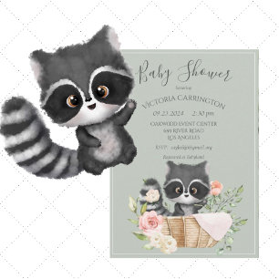 Racoon Watercolor Sage Baby Shower Invitation