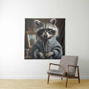 Racoon wearing a tricot coat and glasses funny po tapestry