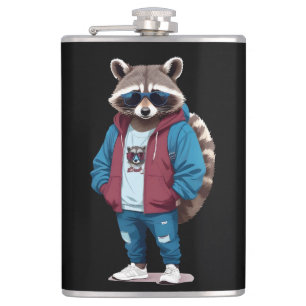 Racoon Wearing Hoodie Funny Cool Animal Character Hip Flask