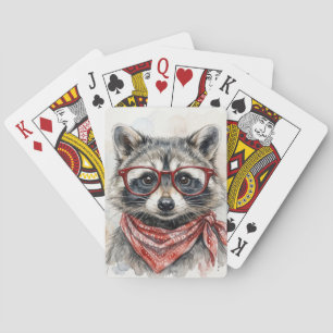Racoon Wearing Red Glasses and Bandanna Playing Cards