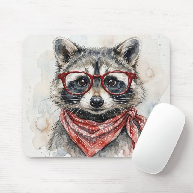 Racoon Wearing Red Glasses Mouse Pad (With Mouse)