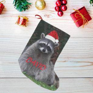 Racoon Wearing Red Santa Hat with Name Small Christmas Stocking