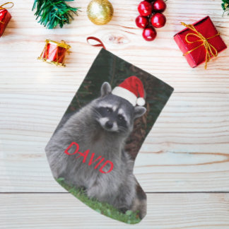 Racoon Wearing Red Santa Hat with Name Small Christmas Stocking